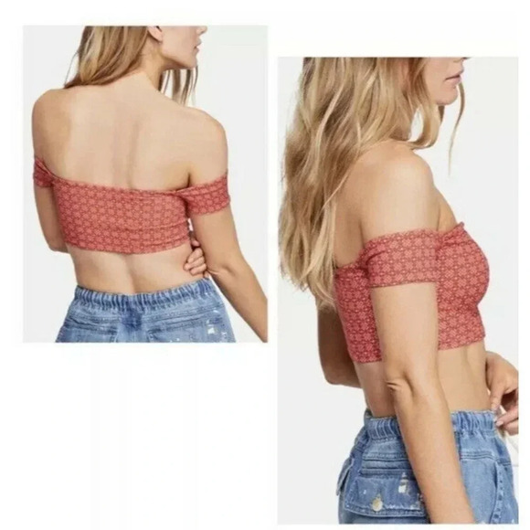 Free People Crop Top Off Shoulder Vermillionette Red Size Medium NWT - Picture 4 of 9